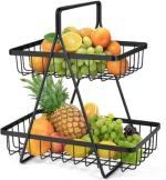 Metal 2-Tier Countertop Fruit and Vegetable Storage Basket Holder- Black