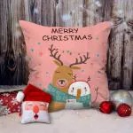 Indigifts Christmas Cushion Covers Merry Christmas Printed Pink Cushion Cover 12x12 inches with Filler & Magnet Combo Set and Revesible Santa Soft Toy- Christmas Cushion, Xmas Decorations