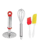 Wofier Masher With Stainless Steel Egg Beater Whisker And Silicone Mini Spatula And Brush Set