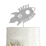 Festiko Silver Rocket 15th Birthday Cake Topper, Glitter Boy Girl Space 15 Years Birthday Party Decoration