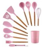 12 PCS Silicone Cooking Kitchen Utensils Set with Holder Wooden Handles Kitchen Gadgets Utensil Set for Nonstick Cookware Heat Resistant BPA Free Spatula Set with Turner Tongs, Spoon , Pink