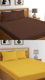 VORDVIGO Combo Bedsheets for Double Bed Cotton 300 TC Premium Satin Stripes Soft 2 Double Bedsheets with 4 Pillow Covers, 90 x 90 Inches, Color- Brown & Yellow