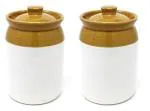 RTWARE Ceramic Pickle Jar - 2 kg, 2 Piece, (White-Dark Brown) Container, Martban, Barni for Achar Kitchen Storage