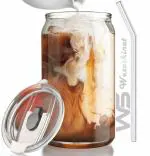 WEZOSHINET Drinking Glasses with Lids and Glass Straw 1pcs Set - 400ml Can Shaped Glass Cups, Beer Glasses, Iced Coffee Glasses, Cute Tumbler Cup, Ideal for Cocktail, Whiskey, (Pack of 1)