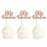Festiko 24 Pack 60 Fabulous Cupcake Toppers Glitter 60th Anniversary Cake Picks 60th Birthday Wedding Party Cake Decorations Supplies Rose Gold
