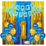 Zyozique Birthday Decoration kit for 1st Birthday Boys- 36Pcs with Foil Curtain / Bday Supplies Items with Blue HBD Bunting, Number Foil Baloons/1st Birth Day Props for Kids, Baby/Newborn Gifts Set