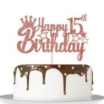 Festiko Rose Gold Glitter Happy 15th Birthday Cake Topper For Cheers To 15 Years, Teenagers 15th Birthday Party Decorations Supplies High Grade Color