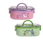 MT HUB Unicorn Cartoon Printed 2 Compartment Stainless Steel Lunch Box