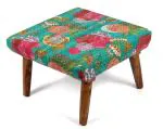 Ikiriya Queens Solid Wood Ottoman| Pouf Stool in Sea Green Fruit Print fabric