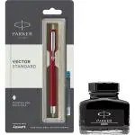 Parker Vector Standard CT Fountain Pen - Red + Quink Ink Bottle - Black (30ML)