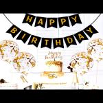 SV Traders Happy Birthday Decoration Combo Of 19 Pcs-Black Bunting Banner(13)+Golden Confetti Balloons(5)+Balloon Curling Ribbon(1)