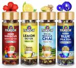 Panjon Hibiscus Berry , Lemon Green Tea, Masala Chai Assam Tea, Blue Pea Flower Tea pack of 4 jars