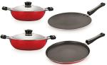 Nirlon 4 pcs of Red and Black Non-stick Chemical Free Kitchen Cookware Essential Set, Standard