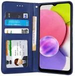 Unistuff Faux Leather Back Case Flip Cover for Samsung Galaxy A03s with ID Card Slot | Foldable Kickstand | 2 Card Slot | 1 Cash Slot - Executive Blue, 65084