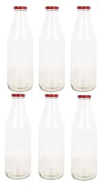 Mkd2 Rise Transparent Glass Bottles Storage Container for Kitchen 500 ml with Airtight Red Cap (Set of 6) Ideal to Store Water, Milk, Juice & Oil
