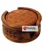 PEBBLECRAFTS Brown Round Wood Coaster and Coaster Holder 10.2 x 10.2 x 6.4 cm Pack of 7