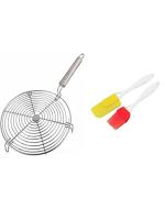 Wofier Barbeque Jali Roti Roast Grill Papad Roaster Chapati Toast Grill Wooden Handle Paneer Tandoor Net Round With Silicone Spatula And Oil Brush Set - Pack Of 3