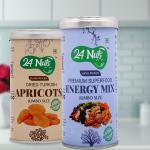 24 Nuts Premium Daily Needs Fresh and Healthy Dry Fruits of Jumbo Size Turkish Apricots & Energy Mix Combo Pack 500gm (Tin Packaging (250g X 2)