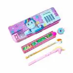 FULLKART Unicorn Plastic Pencil Box Case with Calculator, 1 Gel Pen, Stack Pencil, Scale and Eraser Stationery Set Organizer for Kids, Boys, Girls(Assorted Stationery Items Designs)