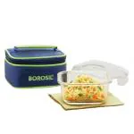 Borosil Klip-N-Store Borosilicate Glass Lunch Box (520 ml x 1) With Lunch Bag, Square, Lunchbox For Office & College, Microwave Safe, Leak Proof, Blue