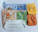 Maalove Combo of Baby Bath Towel with Waterproof Mattress Protector Sheet Blue Green 2 units and Cloth Diapers Yellow Orange with White Pads Pack of 2