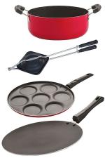 Nirlon 4 pcs of Red, Black Non-stick Aluminium Cookware Gift Set with Bakelite Handle Standard