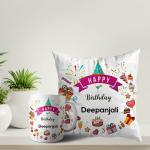 ASHVAH White Round Happy Birthday Deepanjali Ceramic Coffee Mug and Cushion with Filler Combo Gift (Pack of 2) AS-D3COMBO-Deepanjali-W
