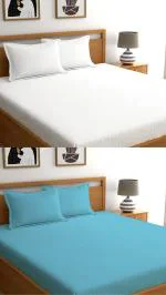 VORDVIGO Combo Bedsheets for Double Bed Cotton 300 TC Premium Satin Stripes Soft 2 Double Bedsheets with 4 Pillow Covers, 90 x 90 Inches, Color- White & Sky Blue