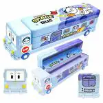 FULLKART Bus Shape Pencil Box School Bus Metal Geometry Box for Kids Magic Bus with Moving Tyres with 3 Compartments Moving Tyre's & Sharpener Geometry Case for Boys & Girls (Panda Bus)
