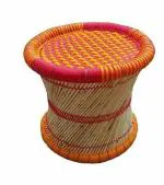 eGharonda Eco-Friendly Cane Wood Bamboo Stool, Mudda for Indoor/Outdoor (Red & Yellow: Set of 1)