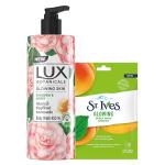Lux Botnicals Pink Glowing Skin Gardenia And Honey Body Wash With St.Ives Glowing Apricot Sheet Mask, 450 Ml (Combo Of 2)