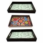 ANGIRA HANDICRAFTS Handmade Wooden Tray with Handprinted Designs Serving Trays Set of 3 Tray