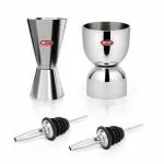 Kitchen Expert Stainless Steel Double Sided Peg Measurer & Pourer Set of 2 | Damru & Long Peg Measurer 30/60 ML Each & Steel Pourer Set of 2