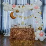 SpecialYou.in Happy birthday decoration item for girls DIY combo with Rose gold and white balloon set, Happy birthday banner, foil balloon, string LED light, curtains || kids birthday decoration|| moon and stars decoration PACK OF 70