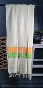 CHARAIDEO SILK_Pure Handloom Eri (Ahimsa) SCARF, White with Orange Green design