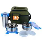 Priyaj Stainless Steel Lunch Box Set 2 Containers (480ml each), Steel Tumbler, 1 curd/pickle plastic container with Thermoware Jacket bag|Air Tight Container lids & Leakproof Office Picnic Tiffin Box