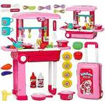 VERYKE Kitchen Set for Kids Girls Big Cooking Set Light and Sound Portable Trolley Pretend Play Toys Battery Operated Toys for Girls (Pink Color)
