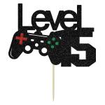 Festiko Black Glitter Level 15 Cake Topper Level Up 15th Birthday Cake Topper Happy 15th Birthday, 15 Year Old For Gamer Theme Party Decorations