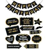 Festiko Happy Birthday Photo Booth Props (Set Of 12 Props) And 1 Set Black Happy Birthday Photo Banner, Birthday Party Selfie Prop, Birthday Themes, Birthday Photo Booth Props Backdrop