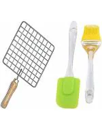 Wofier Square Stainless Steel Papad Jali, Paneer Grill, Roti Maker, Barbeque Jali Roaster Chapati Toast Grill Wooden Handle Silver With Big Spatula Brush Set - Pack Of 3