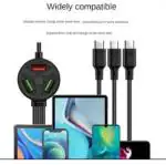 tech gear Power Sharing Cable 1.2 m Six in one charger Fast Charging USB Data Cable 3 Plug and 3 USB Port for iPhone Android Type C (Compatible with Mobile, Black, One Cable)