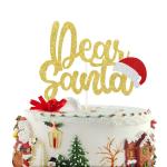 Festiko Gold Glitter Dear Santa Cake Topper, Merry Christmas Cake Decor, Winter Christmas Holiday Party Decorations