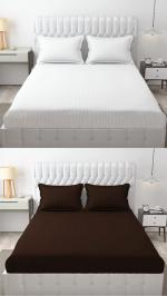 VORDVIGO 300 TC Glace Cotton Combo Pack of 2 All Round Elastic Fitted Plain Stripe Bedsheets for Double Bed with 4 Pillow Covers, Size- 72*78 inch, Color-White & Brown