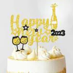 Festiko Happy New Year Cake Topper, New Year Glitter Cake Decorations, New Year 2023 Party Decors