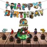 Festiko 8 Pcs Minecraft Birthday Party Decorations, Happy Birthday Decoration, Mine Craft Theme Decoration For Kids Boys Adults Party Supplies Combo Banner, Cake Topper, Cup Cake Toppers