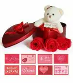 Kinoki Red Heart Box with 3 Artificial Roses, Small Teddy Bear and 8 Mini Greeting Cards Gift