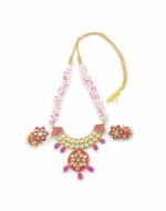 Bella Store Women Pink Brass Handmade Kundan Golden Meenakari Necklace Set