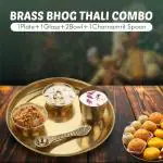DOKCHAN Traditional Handcrafted Brass Puja Thali Aarti Bartan Plate Set of 5 Piece for Mandir Pooja Room Home Temple 8 Inch Round Golden