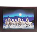 pujaNpujari Running Lucky Horses Framed Synthetic Wall Art Paintings (Blue Color) Digital Reprint 12 inch x 18 inch Painting (With Frame)