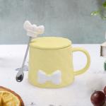 Kookee Ceramic Coffee or Tea Mug with Lid and Handle with Spoon Yellow Color With Bow